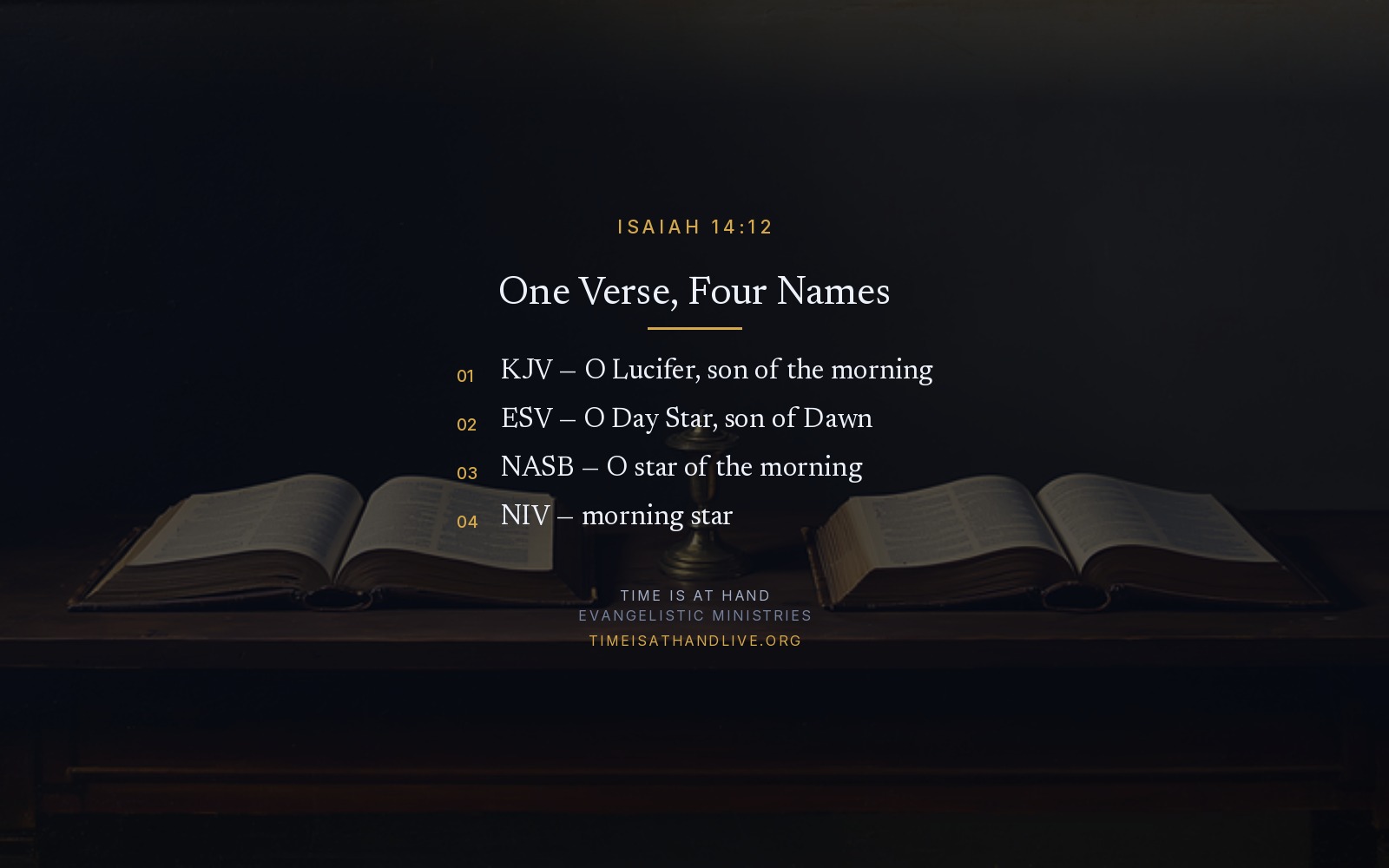 A painting of two open Bibles side by side on a dark wooden table with a brass lamp between them, carrying Isaiah 14:12 in four versions: the KJV's O Lucifer, son of the morning; the ESV's O Day Star, son of Dawn; the NASB's O star of the morning; and the NIV's morning star