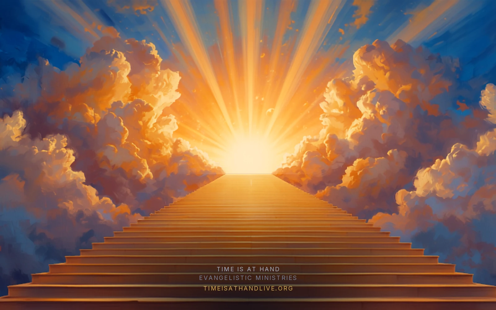 A painting of broad stone steps rising out of shadow into radiant cloud and golden light, carrying the Time Is At Hand name and address