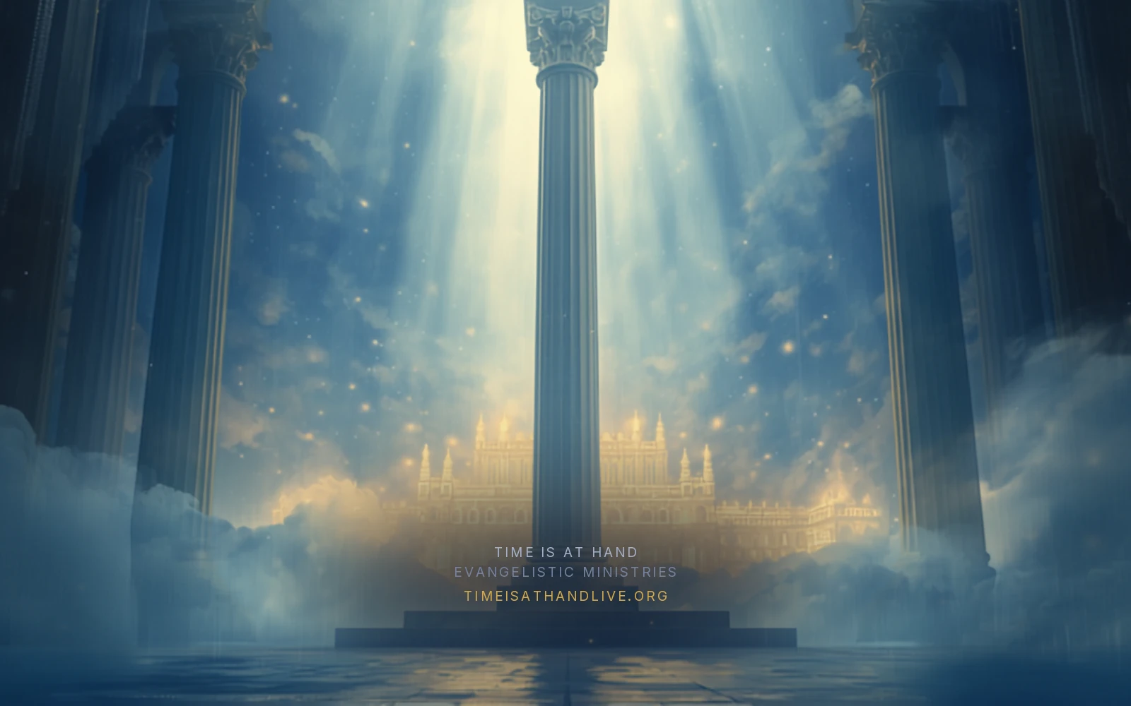 A white marble pillar standing in a temple of light, the golden city glowing behind it under a sapphire sky, carrying the Time Is At Hand name and address