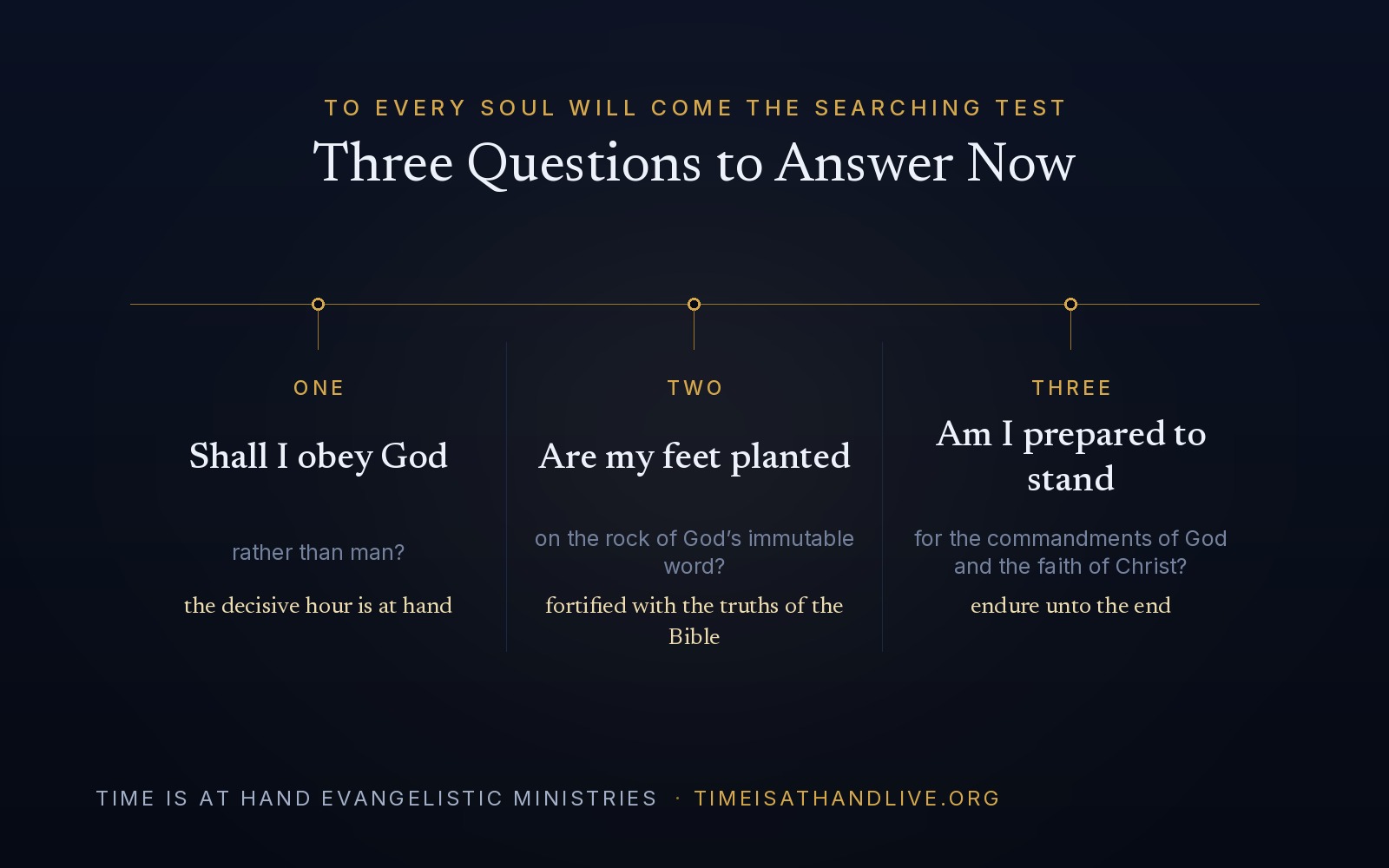 A diagram of the three questions of the searching test — shall I obey God rather than man, are my feet planted on the rock of God's immutable word, and am I prepared to stand for the commandments of God and the faith of Christ.