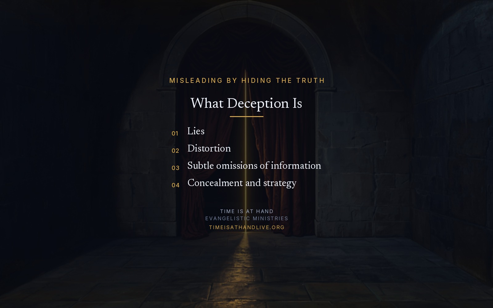 A painting of a heavy crimson curtain drawn almost shut across a stone archway, one thin line of gold light escaping down the middle, carrying four marks of deception: lies, distortion, subtle omissions of information, and concealment and strategy
