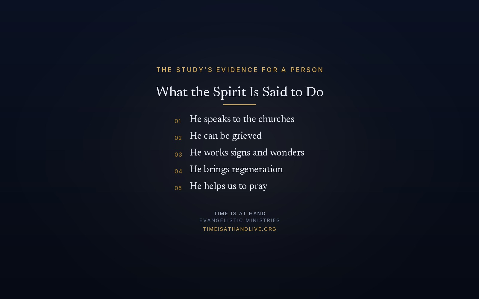 What the Scriptures in this study say the Holy Spirit does — He speaks to the churches, He can be grieved, He works signs and wonders, He brings regeneration, and He helps us to pray
