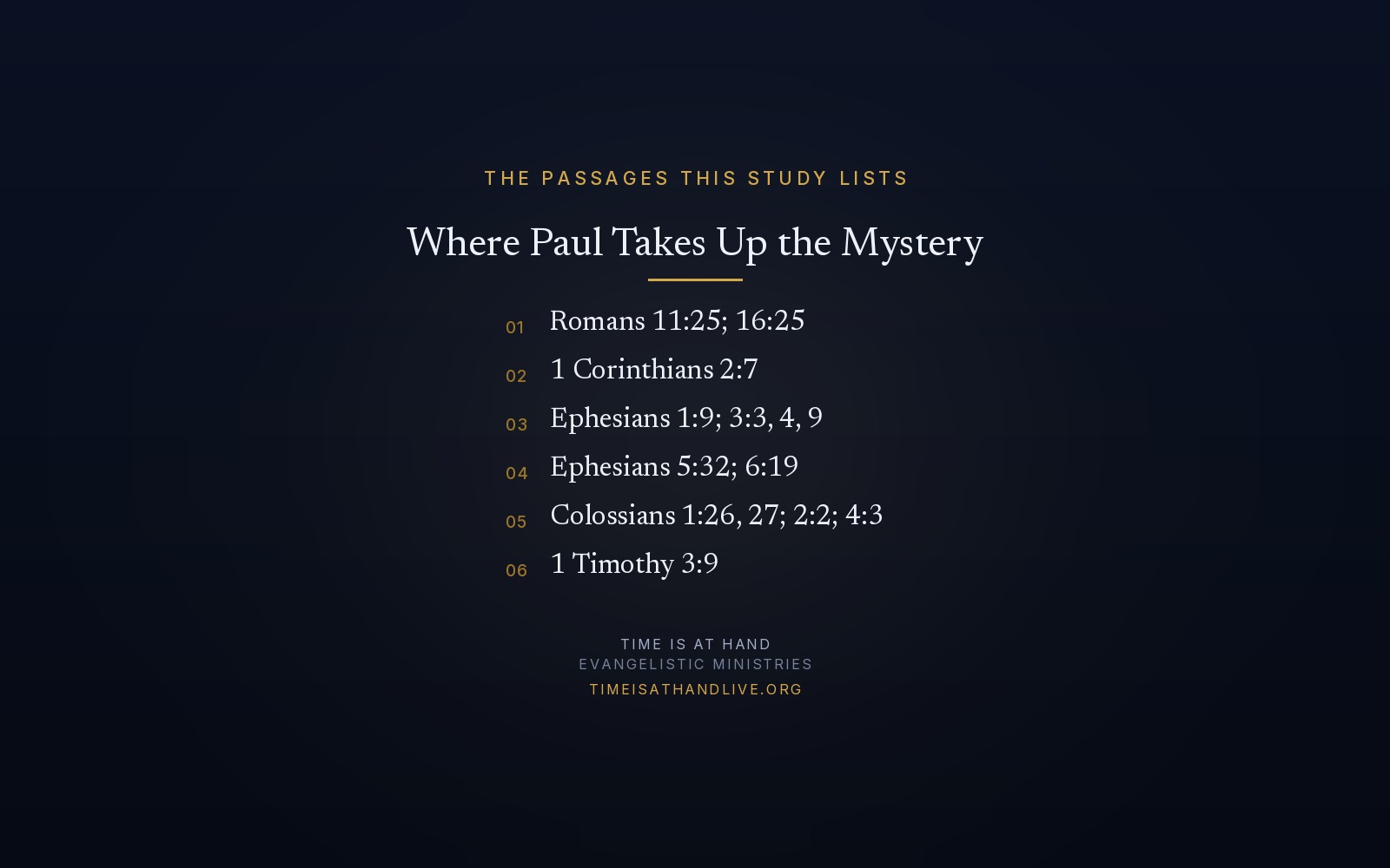 The passages this study lists where Paul takes up the mystery — Romans 11:25 and 16:25, 1 Corinthians 2:7, Ephesians 1:9 and 3:3, 4 and 9, Ephesians 5:32 and 6:19, Colossians 1:26-27, 2:2 and 4:3, and 1 Timothy 3:9