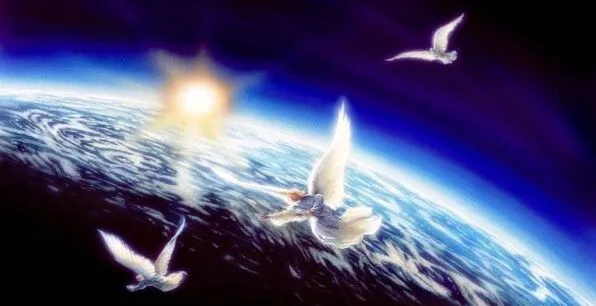 Illustration of the three angels of Revelation 14 flying in the midst of heaven